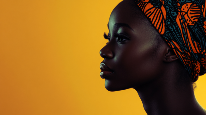 A Profile of A Woman with Deep Skin Tone, Wearing a Vibrant, Patterned Headwrap Against a Bright Yellow Background, Showcasing the Cultural Richness of West Africa