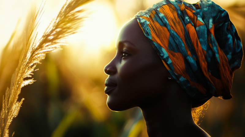 A Profile of A Woman Wearing a Brightly Colored Headwrap, Standing in A Sunlit Field, Symbolizing the Cultural Heritage and Societal Roles of Women in West Africa