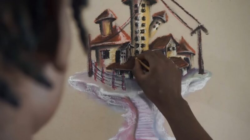 A Person Is Drawing a Colorful Sketch of A Traditional West African Village with Pastel Colors, Featuring Buildings with Thatched Roofs and A Winding Path, Capturing Elements of Historical Architecture