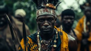 traditional African warrior wearing a beaded necklace and a feathered headpiece, with other tribe members blurred in the background