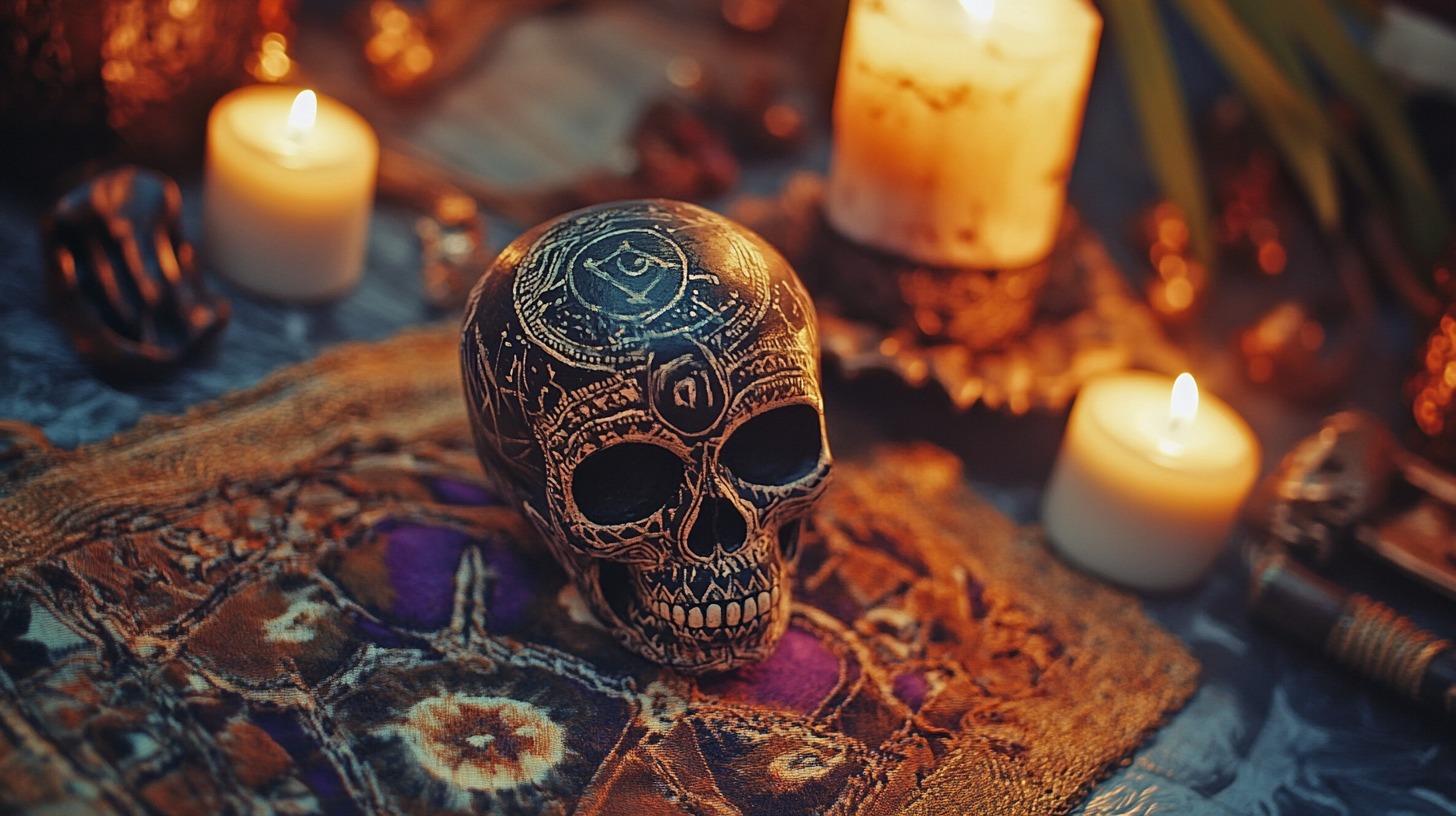 A decorated skull surrounded by candles, creating a mystical and ritualistic atmosphere.