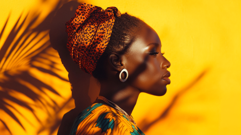 A Woman Wearing Vibrant Traditional Clothing and A Patterned Headwrap, Representing Ancient African Traditions