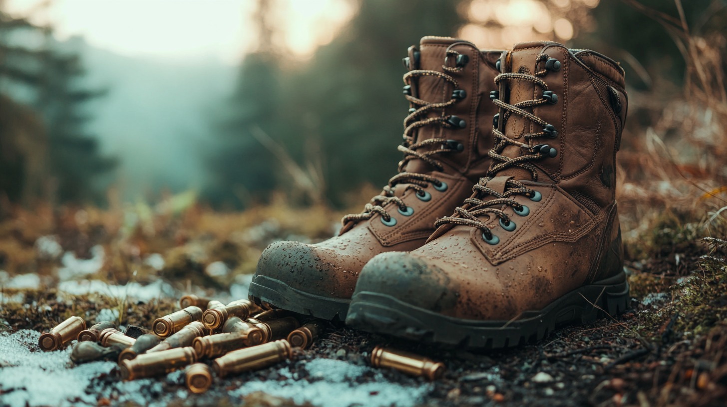 A pair of sturdy brown boots next to spent bullet casings on a forest floor, with a misty woodland background