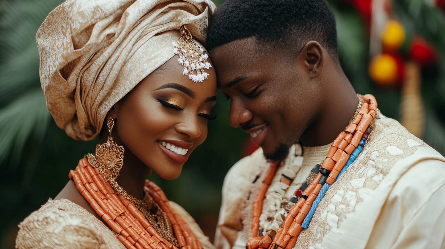 Nigerian couple in traditional wedding attire adorned with elaborate jewelry and clothing