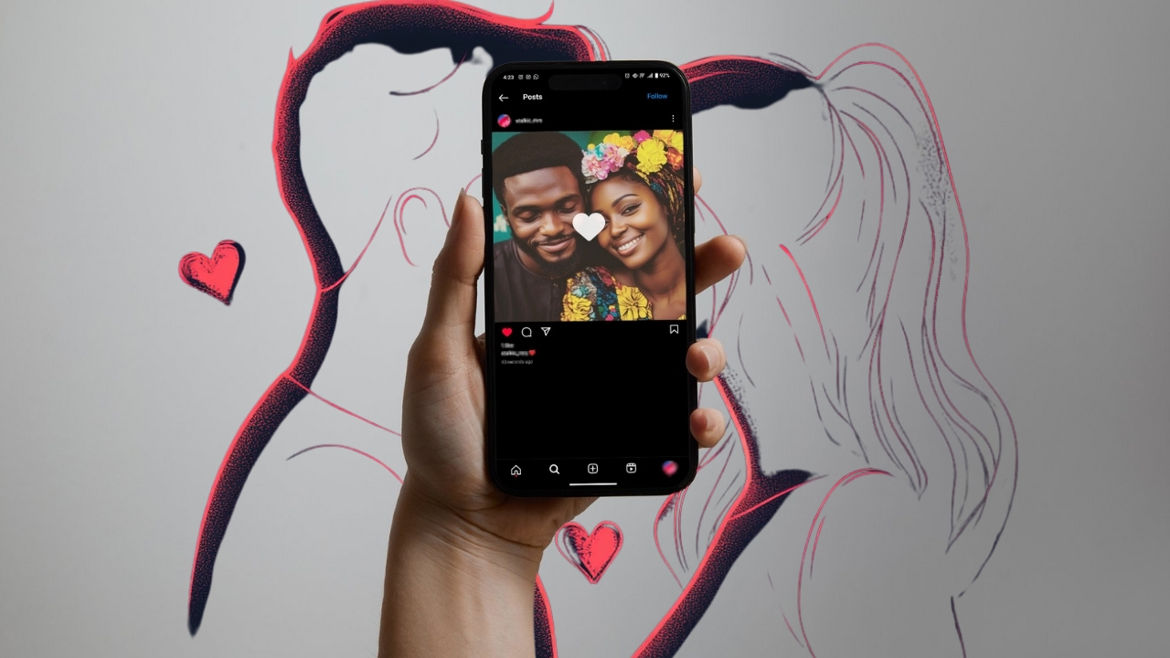 Person holds a smartphone displaying a couple's joyful photo on social media, surrounded by colorful illustrations of two people in love