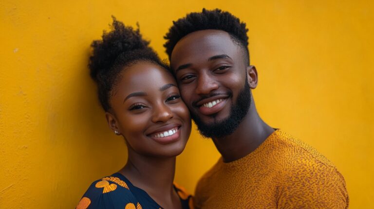 Smiling couple embracing each other in front of a bright yellow wall, reflecting joy and affection