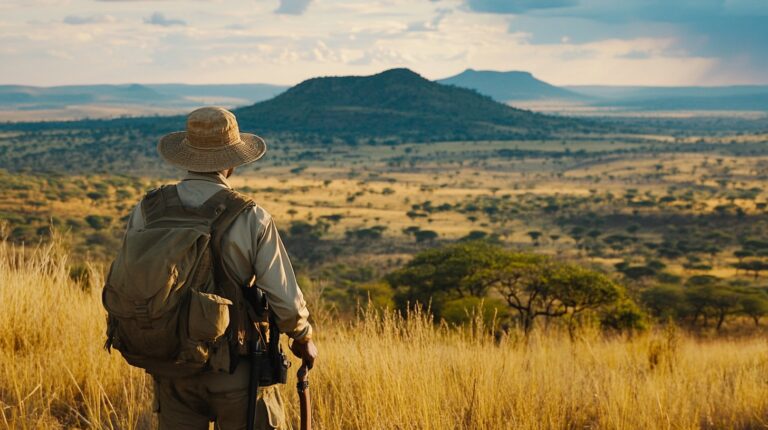 person in a wide-brimmed hat and backpack, standing on a hill overlooking a sprawling African savannah landscape under a partly cloudy sky