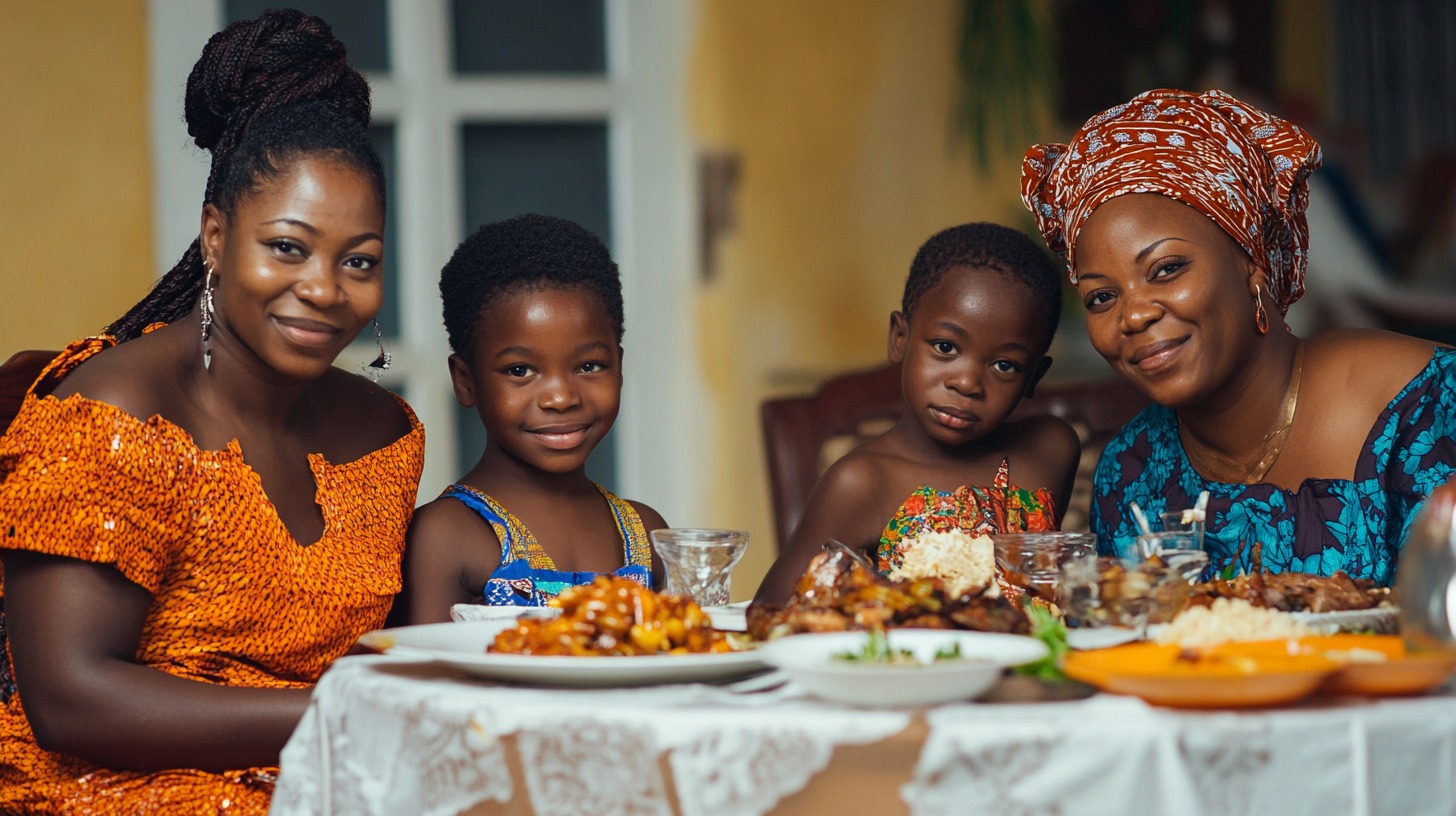 Smiling family of four gathered around a table filled with traditional dishes during a pre-marital introduction ceremony, highlighting cultural celebration and togetherness